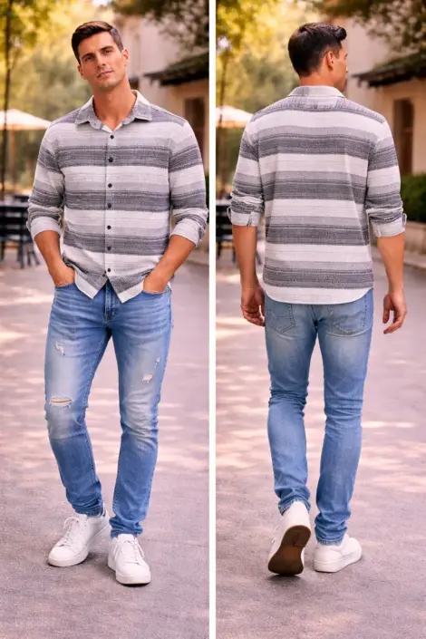 Pull Homme Gris Rayé Col Polo Casual Chic