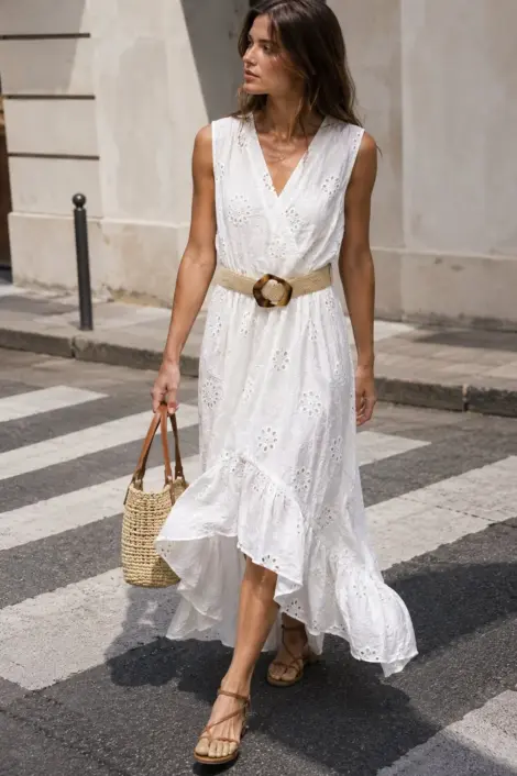 Robe col V sans manches broderie anglaise