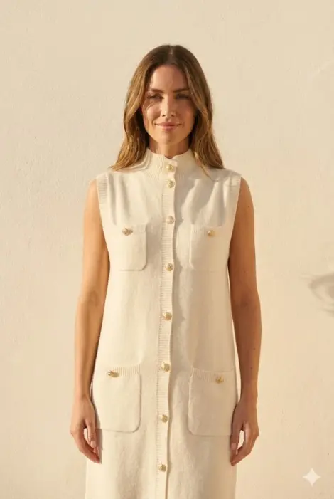 Robe-Gilet Sans Manches en Tricot Élégant, Col Montant
