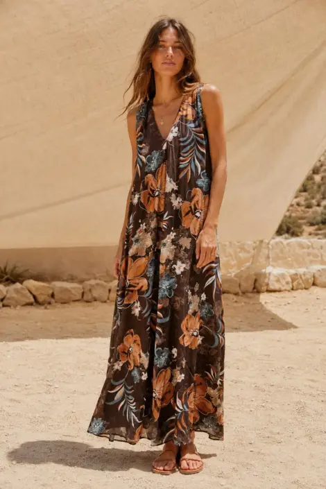 Robe longue fluide imprimé floral – col V