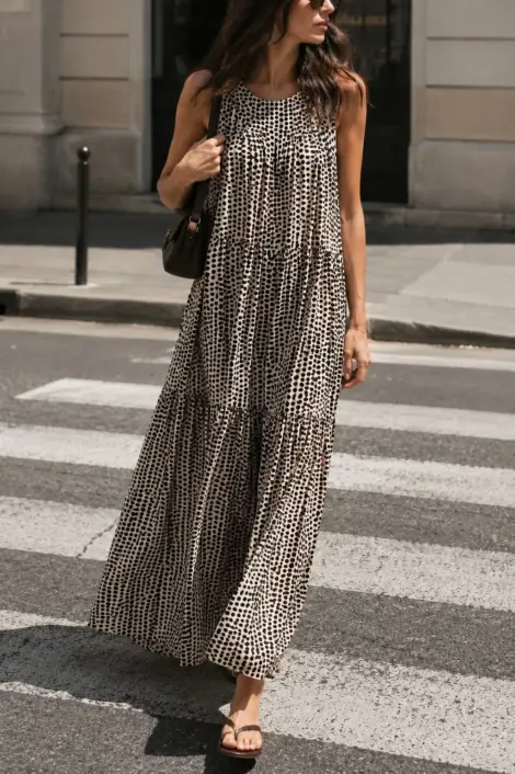Robe longue sans manches à pois coupe fluide