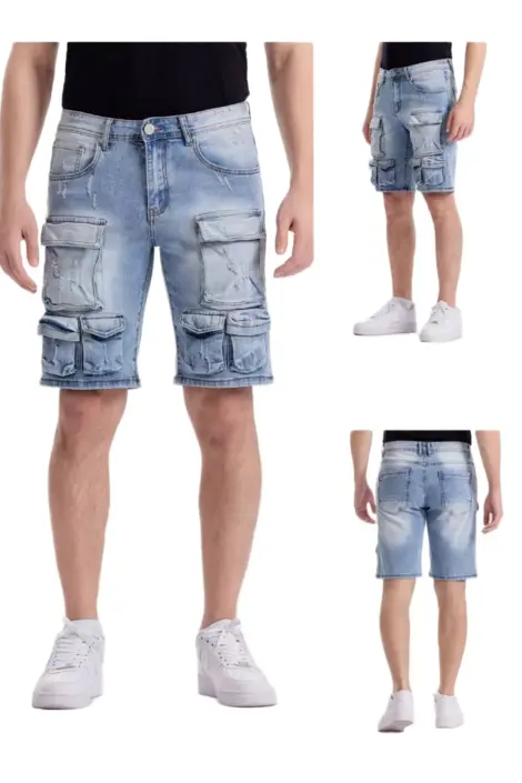 Short en jean bleu style cargo effet délavé usé