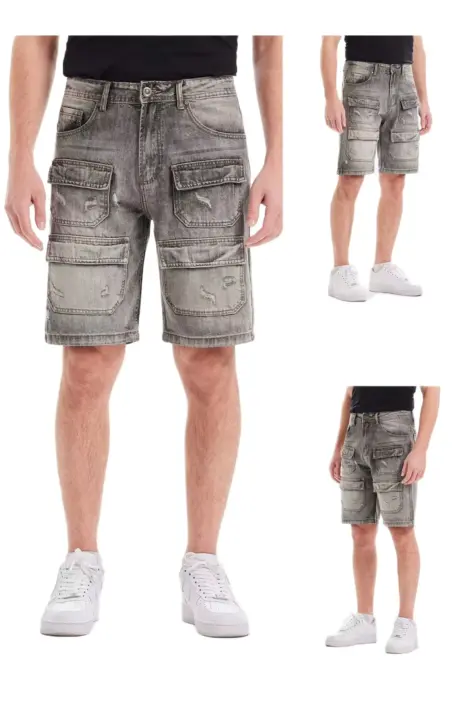 Short en jean gris style cargo effet délavé usé coupe droite