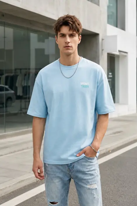 T-shirt Bleu Clair Text Casual