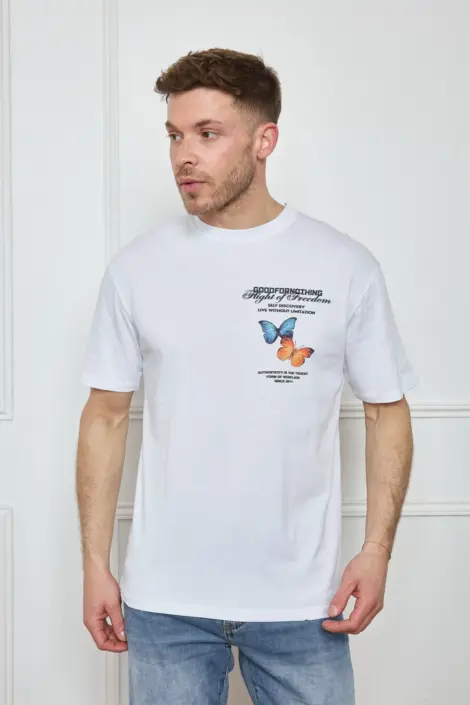 T-shirt homme uni col rond manches courtes motif papillon