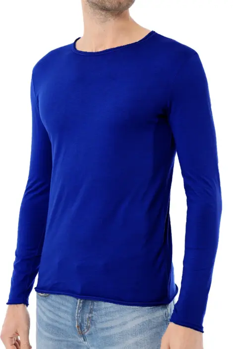 T-shirts uni manches longues col rond ourlet effiloché