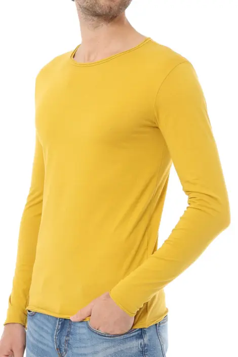 T-shirts uni manches longues col rond ourlet effiloché