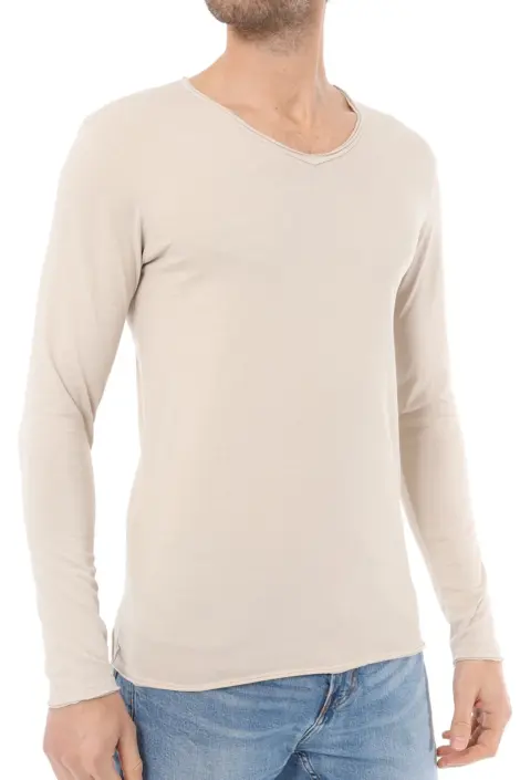 T-shirts uni manches longues col V ourlet effiloché