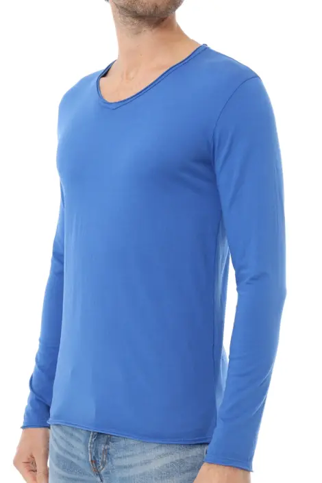 T-shirts uni manches longues col V ourlet effiloché