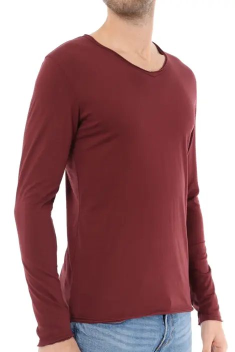 T-shirts uni manches longues col V ourlet effiloché