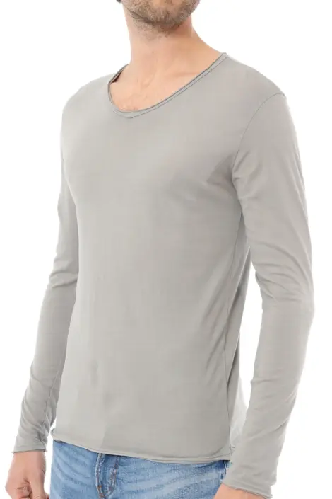 T-shirts uni manches longues col V ourlet effiloché