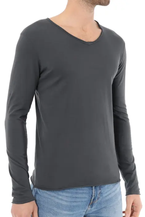 T-shirts uni manches longues col V ourlet effiloché