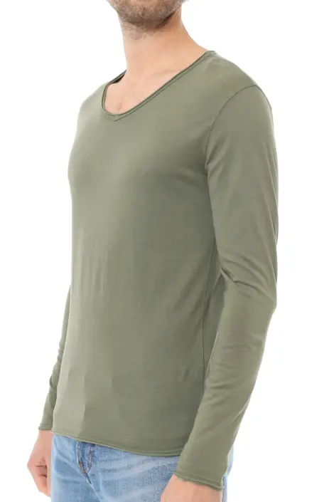 T-shirts uni manches longues col V ourlet effiloché