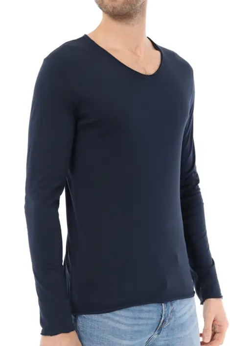 T-shirts uni manches longues col V ourlet effiloché