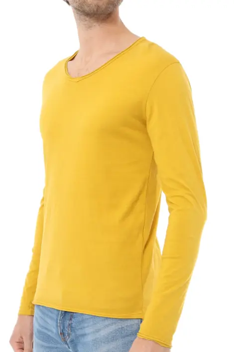T-shirts uni manches longues col V ourlet effiloché