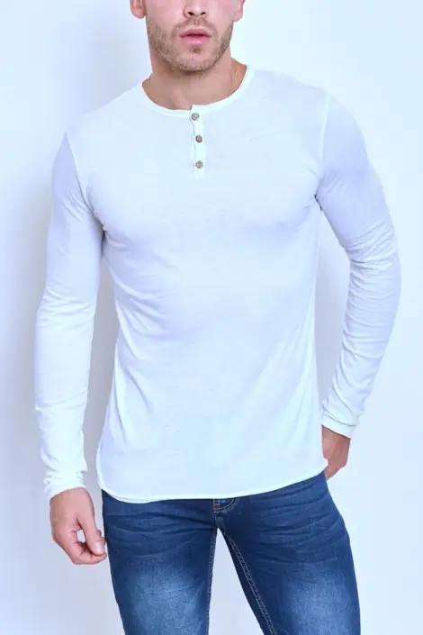 Tshirt homme col rond à boutons uni manches longues