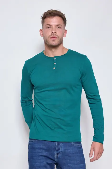 Tshirt homme col rond à boutons uni manches longues