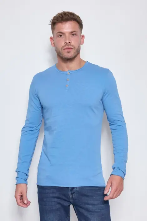 Tshirt homme col rond à boutons uni manches longues