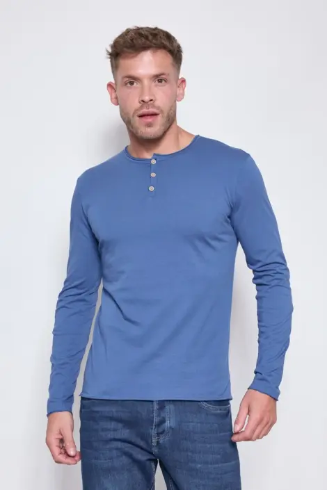 Tshirt homme col rond à boutons uni mmanches longues