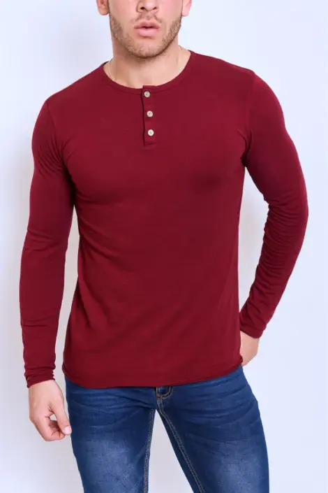 Tshirt homme col rond à boutons uni mmanches longues