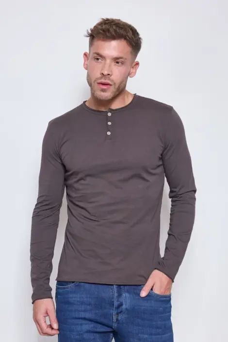 Tshirt homme col rond à boutons uni mmanches longues