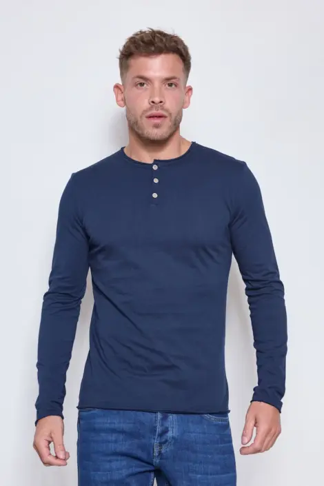 Tshirt homme col rond à boutons uni manches longues