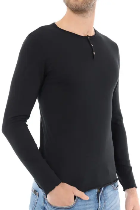 Tshirt homme col rond à boutons uni manches longues
