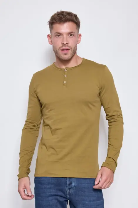 Tshirt homme col rond à boutons uni manches longues