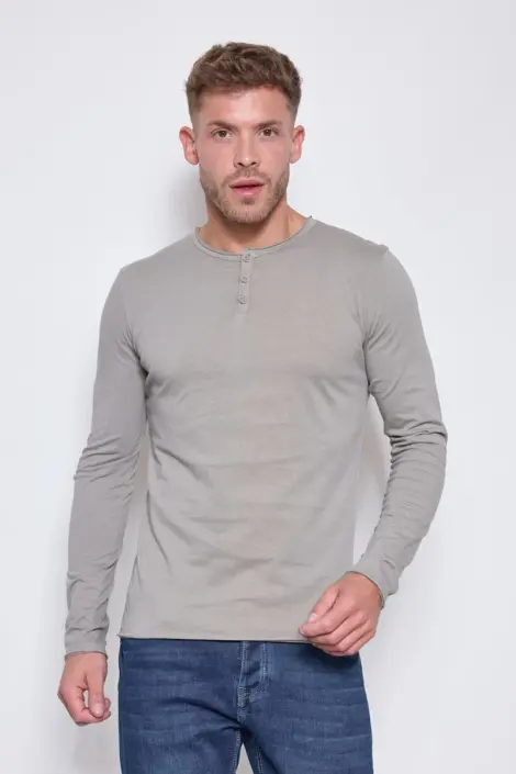 Tshirt homme col rond à boutons uni manches longues