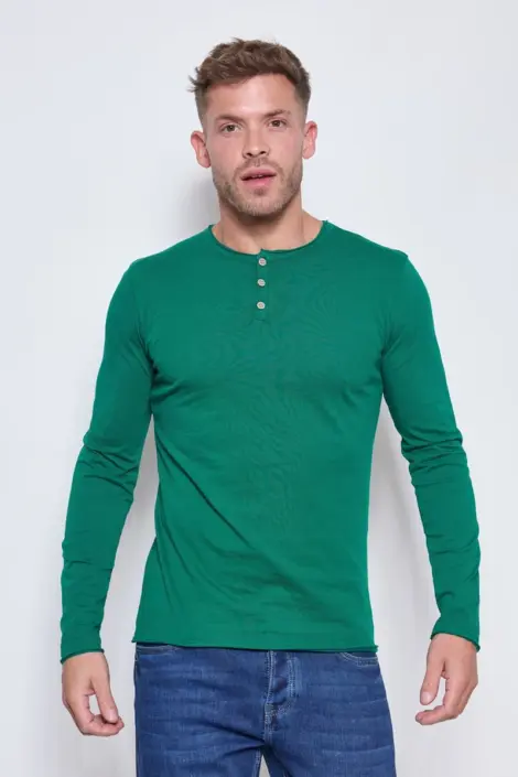 Tshirt homme col rond à boutons uni mmanches longues