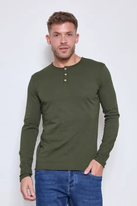 Tshirt homme col rond à boutons uni mmanches longues