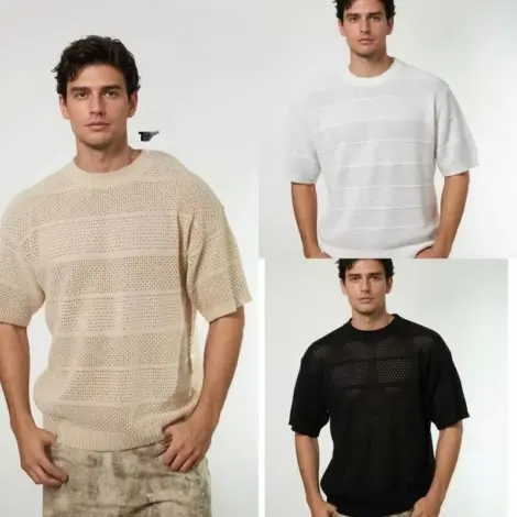 Tshirt uni homme col rond, mailles côtelée à manches courtes