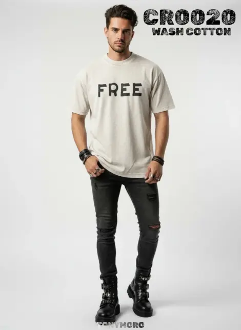 Tshirt uni homme mode coton délavé avec motif au devant FREE