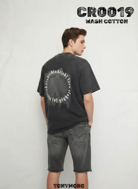 Tshirt uni homme mode coton délavé avec motif au dos