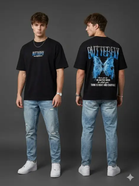 Tshirts uni homme avec papillon, au devant brodé BUTTERFLY, imprimé grand papillon