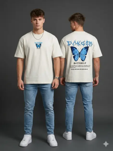Tshirts uni homme avec papillon, au devant brodé BUTTERFLY, imprimé grand papillon