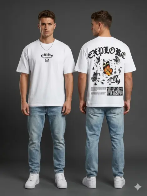 Tshirts uni homme avec papillon, au devant brodé BUTTERFLY, imprimé grand papillon