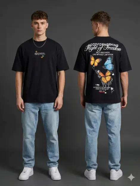 Tshirts uni homme avec papillon, au devant brodé BUTTERFLY, imprimé grand papillon