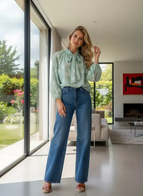 Blouse à pois avec nœud au cou