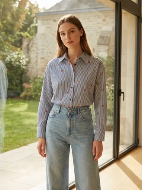 Chemise à rayures fines et motifs floraux