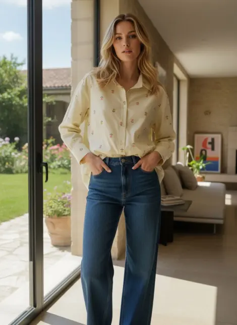 Chemise à rayures fines et motifs floraux