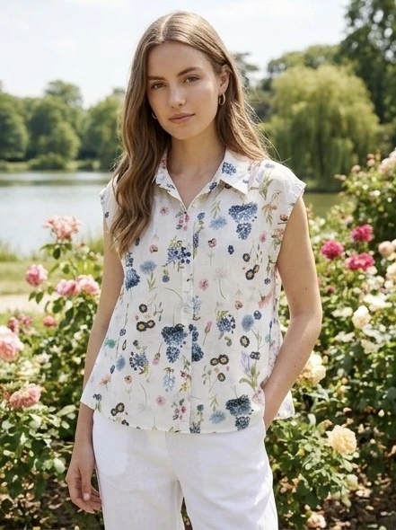 Chemise/Blouse 100% coton sans manches à imprimé fleurs