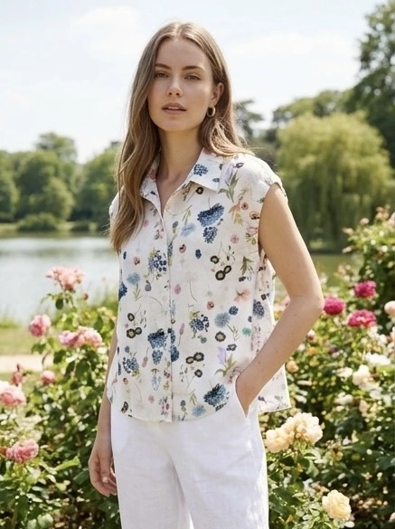 Chemise/Blouse 100% coton sans manches à imprimé fleurs