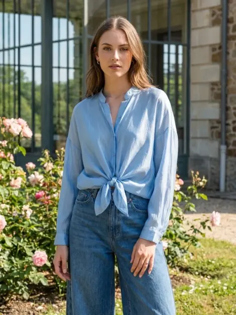 Chemise blouse 85% tencel à nouer fluide et ample, manches longues effet soie
