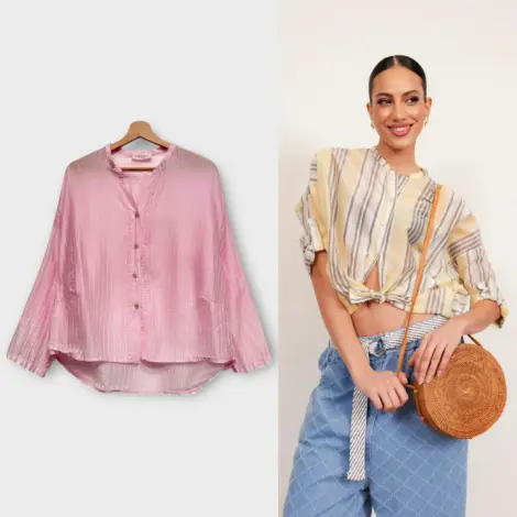 Chemise blouse en 85% tencel à rayures et noeuds manches longues - 3/4 oversize