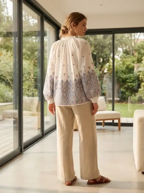 Chemise blouse en coton à broderies manches bouffantes - romantique et bohème