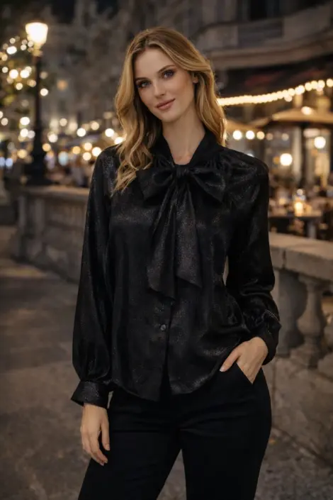 CHEMISE BLOUSE EN SOIE IRRISÉE A COL LAVALLIERE FLUIDE - NOEUDS A NOUER