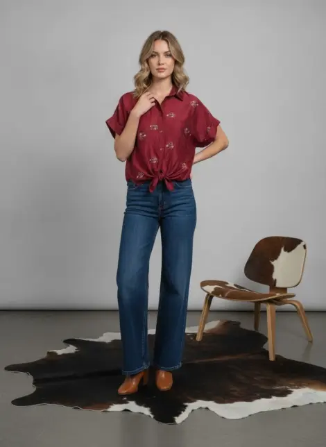 Chemise blouse en tencel à broderies fleurs - effet soie