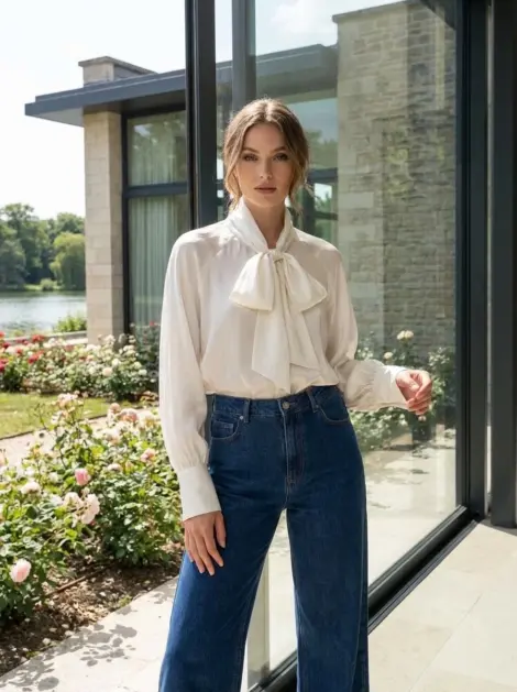 Chemise blouse en tencel à col lavallière fluide et ample, manches longues bou