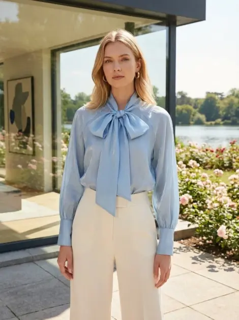 Chemise blouse en tencel à col lavallière fluide et ample, manches longues bou